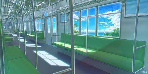 bright day traveling in japanese subway blue sky green Japanese Subway, Train Interior, Interior Window, Pretty Artwork, Scenery Background, City Background, Aesthetic Japan, Environmental Design, Free Anime