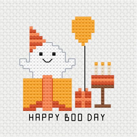 This cute Halloween inspired ghost wishing you or somebody you know a happy birthday is the latest addition to the happy birthday collection I am building up for my patrons. Happy boo day cross stitch pdf pattern - Ringcat Happy Birthday Cross Stitch Pattern, Happy Birthday Cross Stitch, Happy Boo Day, Cross Stitch Birthday, Birthday Cross Stitch, Stitch Crafts, Kawaii Cross Stitch, Stitch Cards, Tiny Cross Stitch