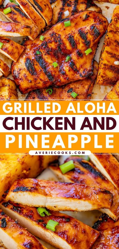 Hawaiian Grilled Chicken and Pineapple — 🍍👏🏻🍗Transports you to Hawaii with every bite of this tender, juicy chicken and the grilled pineapple seals the deal!! EASY, HEALTHY, ready in 10 minutes, and perfect for summer parties, barbecues, and casual weeknight dinners! Food To Cook On The Grill, Summer Chicken Dinner Ideas, Chicken Pinapple Recipes Healthy, Sides For Hawaiian Chicken, Grilling Out Ideas, Family Grill Dinner Ideas, Grilled Supper Ideas, Summer Time Meals Dinners, Food On The Grill Ideas