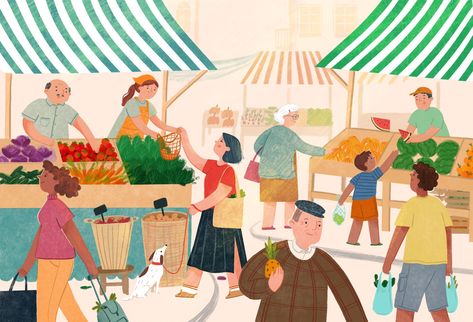 Farmer’s market no Behance Market Illustration Drawing, Farmer Market Illustration, Farmers Illustration, Farmers Market Illustration, Market Concept Art, Market Reference, Farmers Market Art, Community Illustration, Farmer Illustration