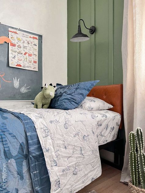 Jurassic World Themed Bedroom Ideas - Lolly Jane Jurassic World Bedroom, Paw Patrol Bedroom, Themed Bedroom Ideas, Dinosaur Lamp, Leather Headboard, Themed Bedroom, Dinosaur Plush, Knitted Throws, Bedding Accessories