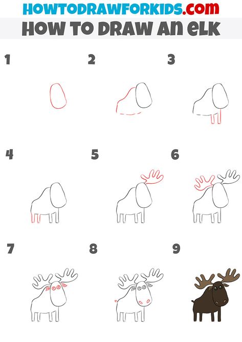 how to draw an elk step by step How To Draw Moose Antlers, How To Draw A Coyote Step By Step, Elk Painting Easy, Simple Elk Drawing, Elk Coloring Pages Free Printable, Elk Drawing, Easy Animal Drawings, Sketch Note, Sketching Tips