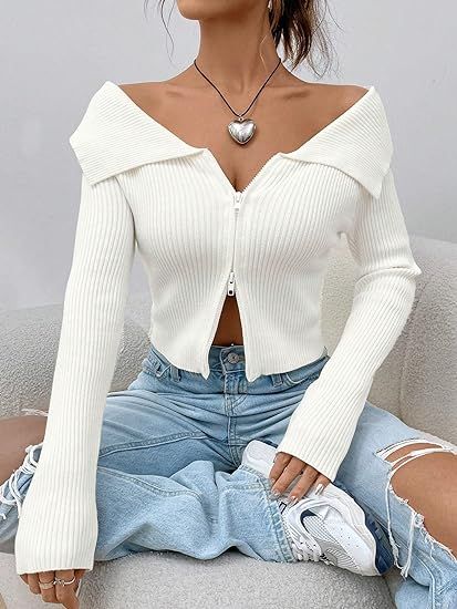 SweatyRocks Women's Off Shoulder Long Sleeve Ribbed Knit Cardigan Slim Fit Zip Up Collar Crop Tops Sweaters White Ribbed Crop Top Outfits, Crop Sweater Outfit, Shein Aesthetic, Cropped Sweater Outfit, Crop Top Designs, Rib Knit Cardigan, Shein Outfits, Crop Top Outfits, Prom Dresses Long With Sleeves