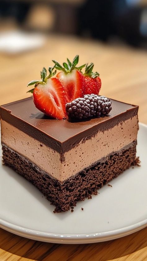 Three times the chocolate, three times the love! 💖🍫 This Triple Chocolate Mousse Cake is rich, velvety, and perfect for satisfying your sweet tooth. A dessert worth savoring! ✨🍰 #TripleChocoTreat #MousseCakeLove #RichAndLuscious #ChocolatePerfection #DessertGoalsAchieved #SweetLayeredBliss #BakingHappiness #ChocoDreamComeTrue #UltimateSweetFix #DessertMagic Triple Chocolate Brownie Mousse Cake, Dark Chocolate Mousse Cake, Diy Brownies, Chocolate Mouse Recipe, British Cakes, Chocolate Lasagna Recipe, Triple Chocolate Mousse, Chocolate Mousse Desserts, Chocolate Mousse Cups