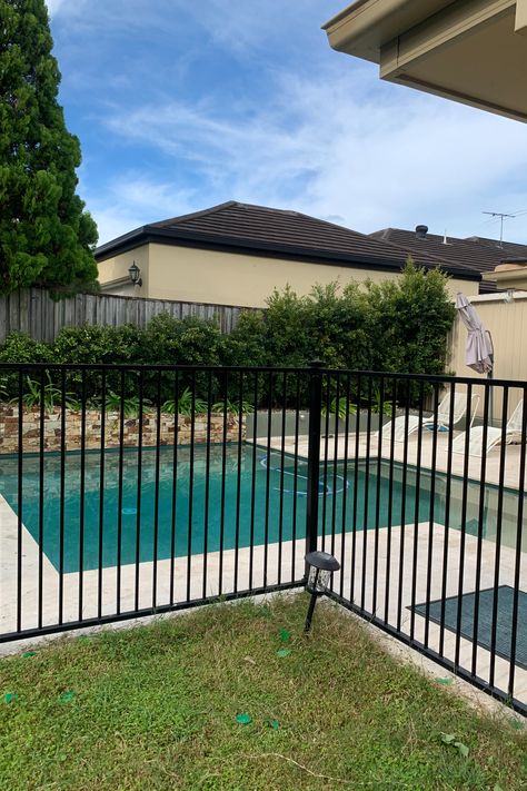 If you are looking for a cost-effective fence, Flat Top Fence is the right design. Cheap enough, but strong enough. Simple design, easy to cut and install. ·Powder-coated satin black, made of aluminum. ·Low maintenance, easy Cleaning. It can also be used as a pool fence and has been tested to meet Australian standards for pool fencing. Black Pool Fencing, Metal Fence Around Pool, Black Metal Pool Fence, Black Fence Around Inground Pool, Aluminum Fence Around Pool, Black Aluminum Fence Around Pool, Colorbond Pool Fence, Fence Around Pool, Black Pool