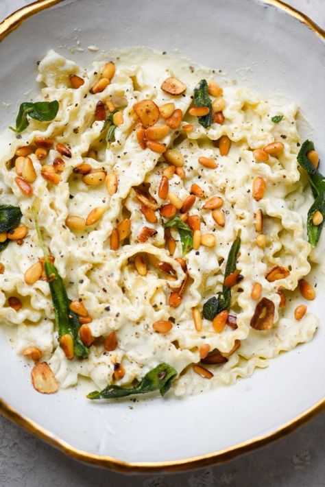 Creamy Umami Pasta with Toasted Pine Nuts and Fried Sage (Ready in under 15 minutes!) - Best of Vegan Pine Nut Pasta, Pine Nuts Pasta, Umami Seasoning, Fried Sage, Indian Pudding, Pine Nut Recipes, Creamy Pasta Dishes, Vegan Pasta Recipes, Pine Nut