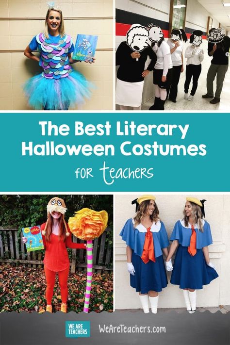 The Spookiest, Best Halloween Costumes Based on Books Storybook Group Costumes, Kevin Henkes Costumes, Adult Book Costume, Fictional Character Spirit Day, Easy Character Day Outfits For Teachers, Click Clack Moo Costume, Storybook Costumes For Adults, Big Nate Costume, Costumes For Librarians