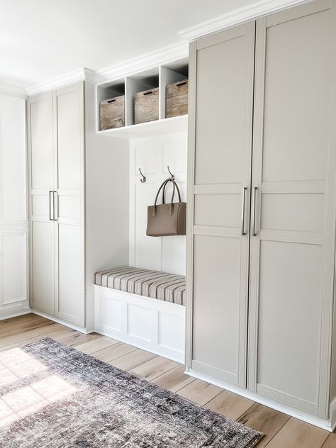 Our Functional Mudroom Reveal with Picture Frame Moulding - Marly Dice Closet Mudroom Entryway, Side Door Entrance, Ikea Mud Room, Mud Room Laundry Room Combo, Mudroom Addition, Functional Mudroom, Mudroom Remodel, Farmhouse Mudroom, Picture Frame Moulding