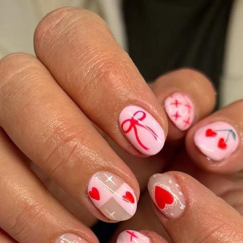 Cambria Seamons | Logan UT Nail Artist📍 on Instagram: "Some more valentines cuties!! 💌✨🎀🍒 100% hand painted nail art. #utahnails #utahnailtech #utahnailartist #utahnailsalon #utahnailart #loganutahnails #loganutahnailartist #loganutahnailtech #cachevalleynails #cachevalleynailtech #nailart #handpaintednailart #handpaintednails #handpaintedart #boycottboringnails #nailinspo #2023nailinspo #winternails #winternailinspo #valentinesnails #valentinesnailinspo #valentinesdaynails" Cut Valentines Nails, Valentines Nails On Short Nails, Gel Valintens Day Nails, Red With Pink Hearts Nails, Simple Nails February, Vday Nail Inspo Short, Short Valentine Nails Ideas, Cute Oval Valentines Nails, Valentines Day Blooming Gel Nails