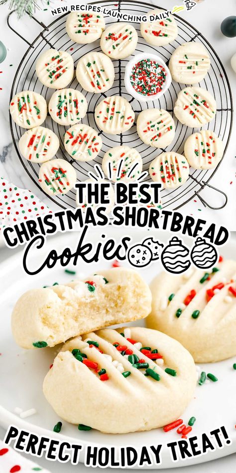 These buttery Christmas shortbread cookies will melt in your mouth and make the perfect addition to your holiday cookie tray. Shortbread Cookies Sprinkles, Short Bread Christmas Cookie, Decorating Shortbread Cookies, Moist Shortbread Cookies, Perfect Shortbread Cookies, Shortbread Spritz Cookies, Christmas Short Bread Cookies, Easy Christmas Shortbread Cookies, Shortbread Cookie Decorating