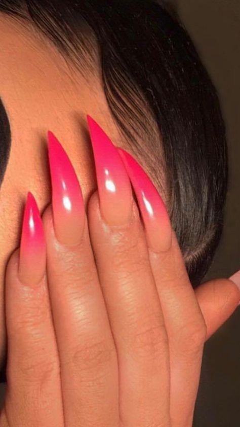 Neon Pink Stiletto Nails, Ombre Stilleto Nails, Stiletto Ombre Nails, Hot Pink Ombre Nails, Stiletto Nails Designs Summer, Staleto Nails, Pink Stiletto Nails, Stilleto Nails Designs, Neon Pink Nails