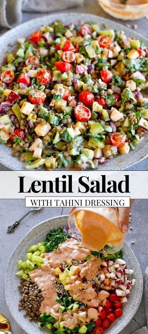 This lentil salad combines fiber and protein-dense lentils with fresh, crunchy veggies, and a creamy, zingy tahini-lime dressing. Simple, tasty, nutritious, and filling, perfect for potlucks, picnics, BBQs, and meal prep! Salad With Tahini Dressing, Roasted Mediterranean Vegetables, Dressing Simple, Lentil Salad Recipes, Canned Lentils, Bean Salad Recipes, Vegan Salad Recipes, Lentil Salad, Tahini Dressing