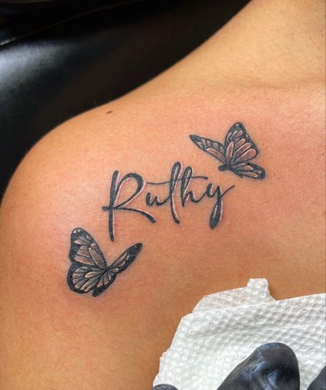 Butterfly With Name Tattoo, Butterfly Memorial Tattoo, Sarah Tattoo, Tattoo Memorial, Memorial Tattoo Ideas, Memorial Tattoo Quotes, Butterfly Memorial, Cute Thigh Tattoos, Rib Tattoos For Women