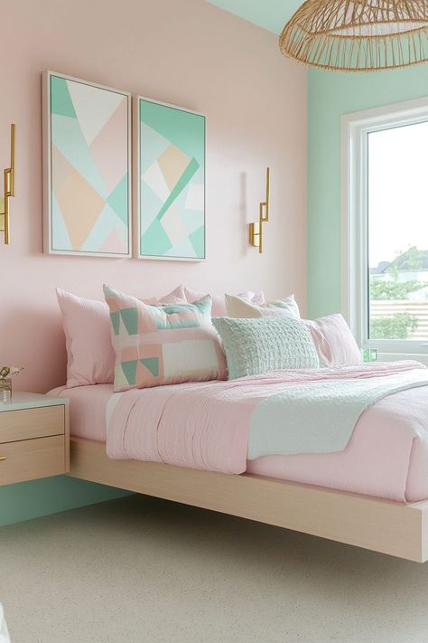 Pastel colors have this magical way of transforming even the most ordinary spaces into serene retreats that feel straight out of a dream. Pastel Master Bedrooms Decor, Blue And Pink Aesthetic Room, Pink And Blue Aesthetic Room, Teen Girl Bedroom Colors, Girls Bedroom Color Ideas, Bedroom Inspirations Pastel, Blue And Pink Room Aesthetic, Girls Pastel Bedroom Ideas, Peach And Teal Bedroom