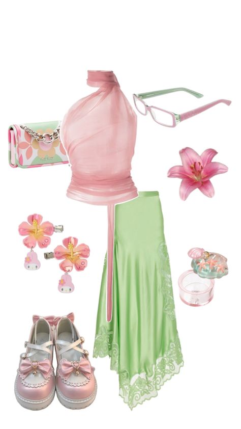 Green Girl Outfit, Sanrio Earrings, Green Glasses, Pink Glasses, Cute Purse, Green Girl, Bow Ribbon, 2000s Fashion Outfits, Poses References