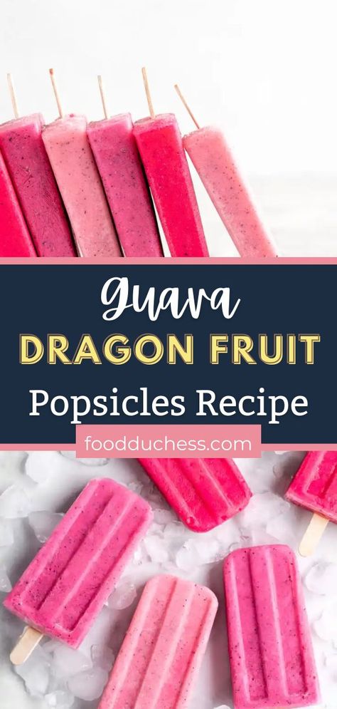 Give these Guava Dragon Fruit Popsicles a try if you are wanting a refreshing treat! Dragon Fruit, otherwise known as pitaya, is a tropical fruit that has a white interior that is speckled with black seeds, and an extremely vibrant pink exterior! Dragon Fruits have a lightly creamy texture, and are very delicately sweet in flavor. To peel a Dragon Fruit, simply cut off the top and bottom, then make a cut along the length of the fruit. Next, just simply pull the skin right off! Recipes For Dragon Fruit, Dragon Fruit Recipes, White Dragon Fruit Recipes, Frozen Dragonfruit Recipes, Dragon Fruit Recipe, Dragonfruit Ice Cream, Dragon Fruit Dessert Recipes, Pink Recipes, Dragonfruit Sorbet