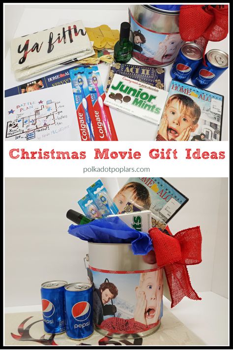 Christmas Movie Gift Ideas Movie Gift Ideas, Movie Basket Gift, Movie Night Basket, Christmas Story Movie, Movie Night Gift Basket, Christmas Contests, 12 Days Of Xmas, Home Alone Movie, Home Alone Christmas