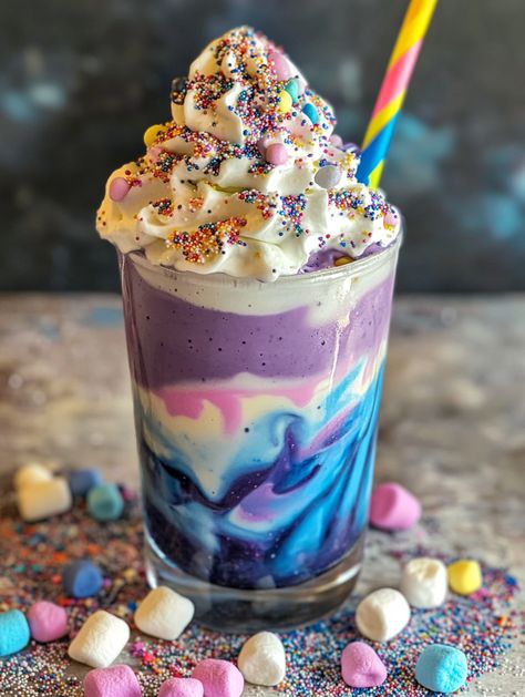 Swirl Freakshakes 🌠  𝗜𝗻𝗴𝗿𝗲𝗱𝗶𝗲𝗻𝘁𝘀 - 2 cups vanilla ice cream - 1/2 cup milk - 1/4 cup blue food coloring - 1/4 cup purple food coloring - Whipped cream - Sprinkles - Mini marshmallows - Edible glitter Instructions 🌠 1. In a blender, combine the vanilla ice cream, milk, and blue food coloring. Blend until smooth. 2. Pour the blue milkshake into a glass, filling it halfway. 3. Rinse the blender, then combine the vanilla ice cream, milk, and purple food coloring. Blend until smooth. Glitter Marshmallows, Blue Milkshake, Milkshake Aesthetic, Princess Food, Purple Food Coloring, Purple Food, Fairytale Princess, Blue Food Coloring, Market Ideas