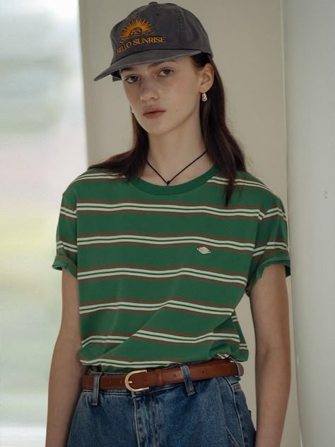 Designer fashion, Seoul-fully created | W Concept Retro Stripes Outfit, Green Stripes Outfit, Green Shirt Outfits Women, Green Striped Shirt Outfit, Fashion Trend Forecast, Stripe Outfits, W Concept, Trend Forecasting, Tshirt Outfits