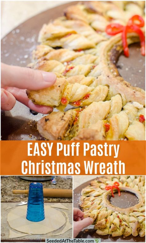 This puff pastry pesto wreath is the perfect easy appetizer for your Christmas party.  This delicious puff pastry Christmas wreath looks fancy, but it's quick and takes only 10 minutes to put together. Pesto Wreath, Puff Pastry Wreath, Christmas Snacks Savory, Pastry Wreath, Puff Pastry Christmas, Xmas Appetizers, Pastry Christmas, Puff Pastry Recipes Savory, Best Christmas Appetizers