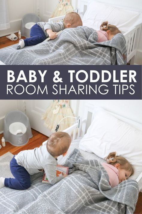 Transitioning siblings into a shared bedroom is always a challenge, especially when it's a baby moving in to a toddler bedroom. We're sharing 8 lessons we learned as we moved our baby and toddler (now toddler and preschooler) into the same bedroom to help you succeed. It IS possible for both kids to fall asleep and stay asleep in the same room all night long. Here's a simple list of do's and don'ts to get you started. Brother Sister Nursery, Shared Girls Room Baby And Toddler, Kids Floor Beds Shared Room, 2 Under 2 Room Sharing, Toddler Boy Girl Shared Room, Shared Room With Crib, 2 Boy Bedroom Ideas, Room Sharing With Toddler Parents, Toddler Girl And Baby Boy Shared Room