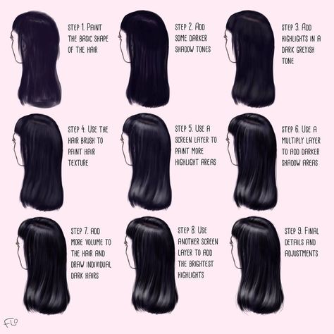 Coloring Black Hair Digital, Black Hair Rendering Digital Art, Black Hair Digital Art Tutorial, Coloring Black Hair Drawing, How To Colour Hair Digitally Ibis Paint, How To Draw Black Hair Step By Step, Black Hair Coloring Tutorial Digital, Drawing Black Hair Tutorial, Black Hair Shading Drawing