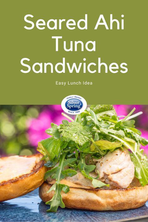 Looking for a light, protein packed lunch idea? Give this Seared Ahi Tuna Sandwich a try! The arugula and lemon give it the perfect hint of freshness! #sandwich #lunchidea #ahituna #tunasandwich #horseradish #condiment Ahi Tuna Steak Sandwich, Ahi Tuna Sandwich, Easy Ahi Tuna Steak Recipe, Grilled Ahi Tuna Steak Recipe, Outback Ahi Tuna Dipping Sauce, Grilled Ahi Tuna Steak Recipe Soy Sauce, Protein Packed Lunch, Tuna Burger Recipe, Sriracha Sauce Recipe