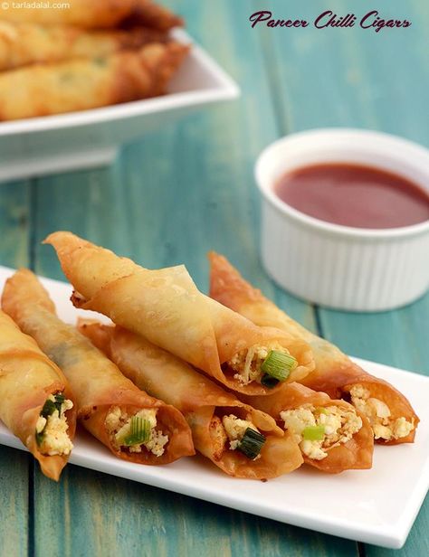 Paneer Chilli Cigars recipe, Paneer Recipes Cheese Cabbage, Cooked Spinach, Veg Snacks, Indian Appetizers, Spring Onions, Paneer Recipes, Vegetarian Snacks, Cabbage Rolls, Indian Snack Recipes