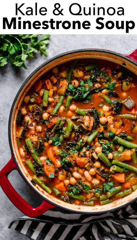 Healthy Kale and Quinoa Minestrone Soup Recipe - a soup you can feel great about eating and serving, plus this hearty soup is amazingly filling. It's jam packed with nutritious ingredients like quinoa, two types of lentils and an overload of vegetables! #healthy #minestrone #quinoa #kale #soup #recipe #lunch #dinnerrecipe Kale And Quinoa, Minestrone Soup Recipe, Quinoa Healthy, Minestrone Soup, Cabbage Soup, Cooking Classy, Cannellini Beans, Vegan Soup, Clean Eats