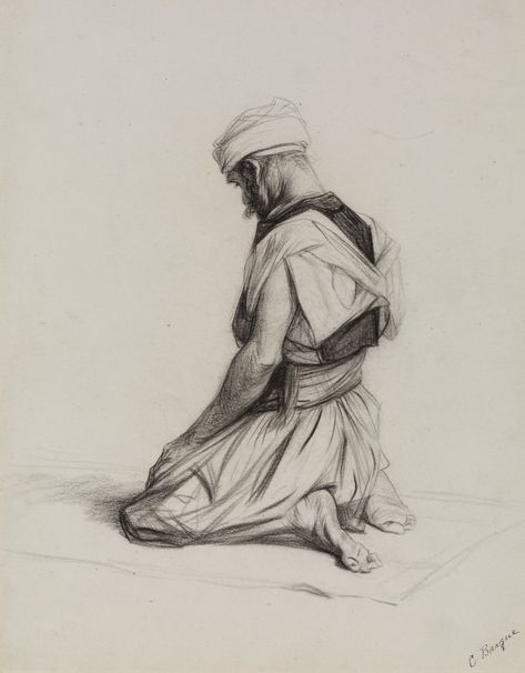 Arab Kneeling in Prayer · The Walters Art Museum · Works of Art Person Kneeling Drawing Reference, Man Kneeling Pose Reference, Kneeling Man, Charles Bargue, Man Kneeling, Kneeling In Prayer, Burning Bush, Drawing Course, Sufi Poetry