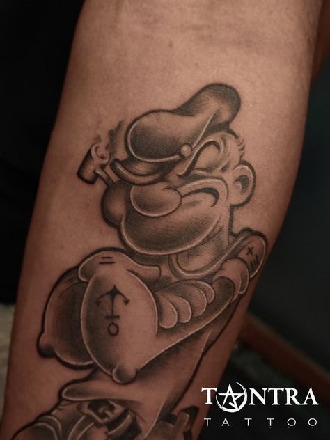 Popeye Tattoo, Popeye The Sailor Man, Realistic Tattoo, Vibrant Watercolor, Cartoon Tattoos, Above And Beyond, Tattoos And Piercings, Blackwork, Skull Tattoo