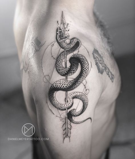 A snake struck by an arrow before biting his neck. A symbol for overcoming addiction before it’s too late. Los Angeles booking requests: www.dasleitbild.com/contact or contactleitbild@gmail.com  #shouldertattoo #snake #snaketattoo #overcomingaddiction #arrow #arrowtattoo #instagood #photooftheday #losangeles #danielmeyer #tattooing #tattoodesigns #tattooprocess #ourostudio #dotworktattoo Snake Tattoos For Women, Black Snake Tattoo, Bow Tattoo Designs, Snake Tattoos, Tattoo Process, Snake Tattoo Design, Cool Chest Tattoos, Bow Tattoo, Chest Tattoos For Women