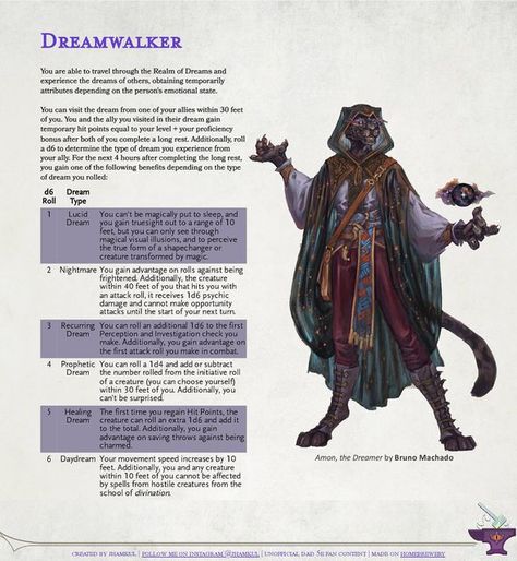 Jhamkul’s Forge on Instagram: "Feat: Dreamwalker I've been wanting to make a new dream-themed post ever since I made my Dreamcatcher Warlock subclass a year ago. I feel like this new feat can be super flavorful and can generate a lot of conversation opportunities with different members of the party as you go through their experiences and visit them in their dreams. Maybe you are playing a prophet-like character, someone that read dreams as omens of the future, or a Circle of Dreams Druid, this Dream Druid Dnd, Circle Of Dreams Druid Dnd, Druid Circle Of Dreams, Prophet Character, Circle Of Dreams Druid, Dnd Gnome, Druid Circle, Character Notes, God Of Dreams