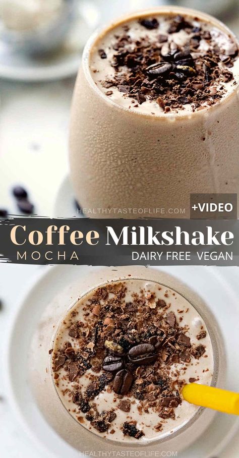 This coffee milkshake recipe enriched with espresso and chocolate hints has a nice and thick milkshake consistency due to the perfect ratio of liquid to ice cream. Not vegan? Just swap the ice cream. To whip up this vegan coffee milkshake recipe you need about 10 min and a blender. This rich espresso milkshake is for true coffee lovers, it will burst with coffee mocha flavor! #coffeemilkshake #veganmilkshake #chocolatemilkshake #espressomilkshake #dairyfree #milkshake #drink #dessert Espresso Milkshake, Steakhouse Burgers, Chocolate Ice Cream Milkshake, Thick Milkshake, Coffee Milkshake Recipe, Dairy Free Milkshake, Milkshake Drink, Homemade Coffee Drinks, Burgers Recipes