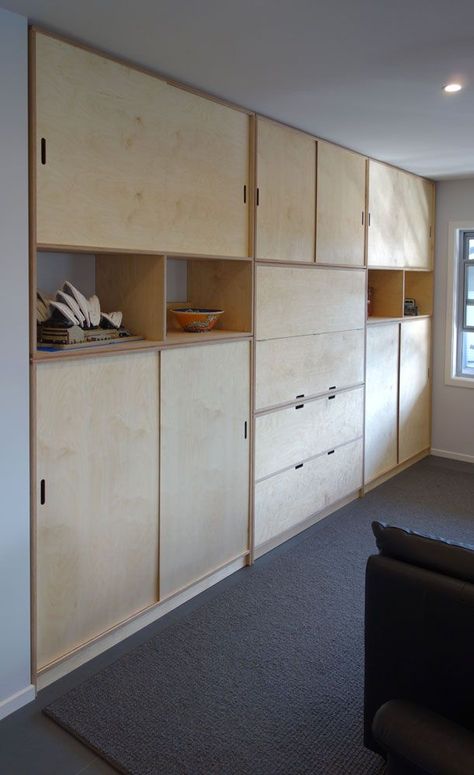 Plywood Built In Storage, Plywood Wall Storage, Ply Storage Wall, Plywood Shelving Unit, Built In Storage Wall, Plywood Storage, Plywood Design, Plywood Projects, Plywood Interior