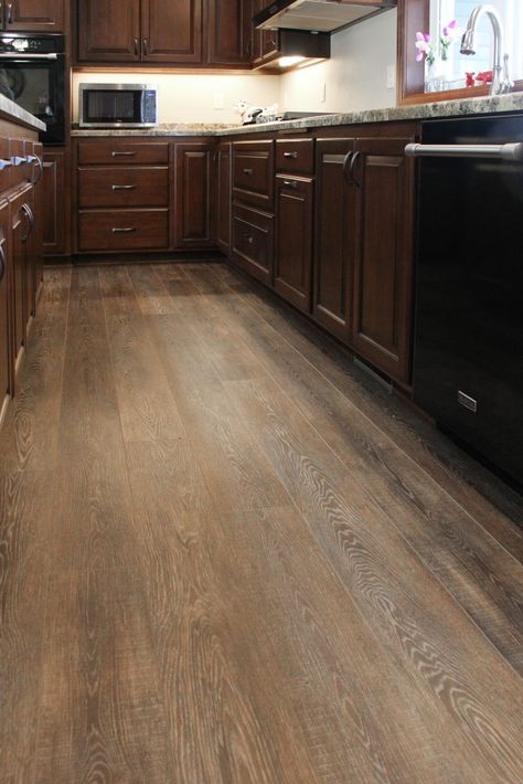 Flooring: Luxury Vinyl Plank, Kitchen Dark Brown Kitchen, Kitchen Flooring Options, Vinyl Flooring Bathroom, Mudroom Flooring, Kitchen Vinyl, Residential Flooring, Luxury Vinyl Tile Flooring, Brown Cabinets, Floor Remodel