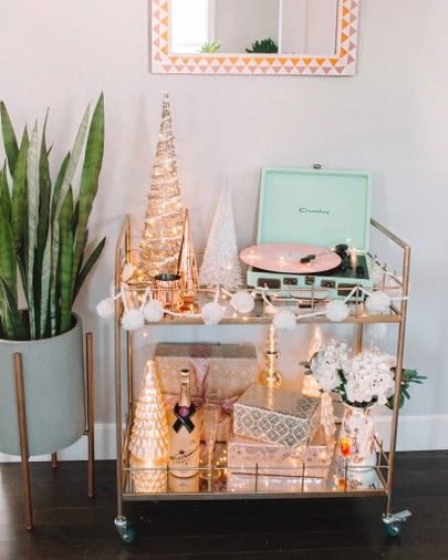 Bar Cart Ideas, Christmas Bar Cart, Holiday Bar Cart, Christmas Pajama Party, Holiday Bar, Gold Bar Cart, Cart Ideas, Tea Cart, Bar Cart Styling