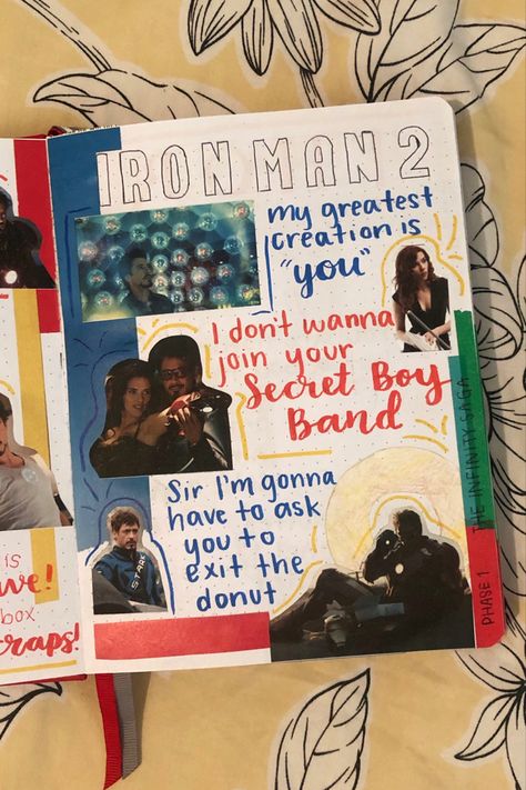 iron man 2 (2010) page in my mcu journal Harry Potter Scrapbook, Men's Journal, Man Sketch, Smash Book, Book Pages, Art Reference Photos, Journal Pages, Iron Man, Boy Bands