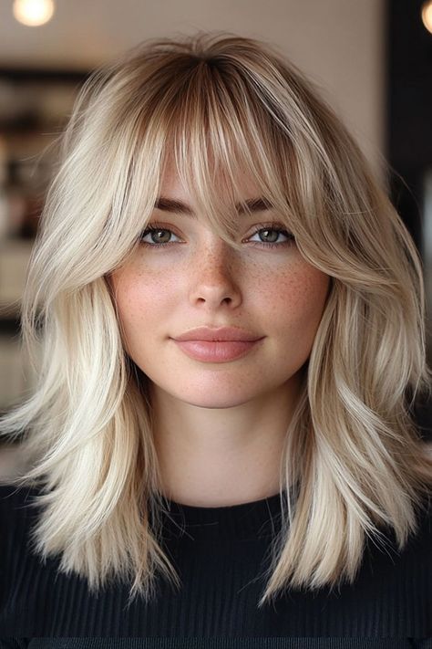 Platinum Blonde Shag with Soft Fringe Haircut For Medium Length Hair Bangs, Soft Shag Haircut Shoulder Length, Medium Length Hairstyles With Fringe, Shoulder Length Hair With Layers And Fringe, Shag Haircut Round Face Shoulder Length, Medium Length Haircut Bangs Round Faces, Bob With Bardot Bangs, Shoulder Length Hair With Bangs Blonde, Shoulder Length With Fringe