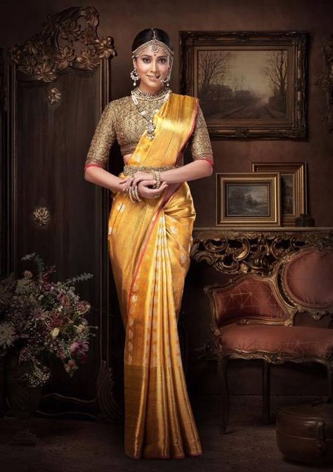 An Epitome of Royalness - These Pictures Of Shriya Saran Look Just Like A Ravi Varma Painting South Indian Wedding Saree, South Indian Bride Saree, Sleeveless Blouses, Bridal Sarees South Indian, Saree Draping Styles, Indian Bridal Sarees, Saree Poses, Dress Comfortable, Saree Photoshoot