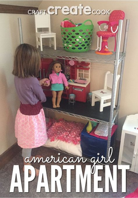 Your kids and American Girl dolls will love this easy DIY American Girl doll Apartment! via /CraftCreatCook1/ Doll Apartment, American Girl Storage, Doll Organization, American Girl House, American Girl Doll Room, American Girl Furniture, American Girl Parties, Girls Furniture, Doll Storage