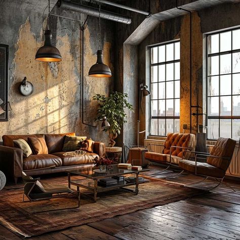 Explore 26 Chic Living Room Ideas Featuring Dark Brown Sofas - placeideal.com Cozy Industrial Living Room, Chic Living Room Ideas, Brown Sofas, Industrial Decor Living Room, Dark Brown Sofas, Industrial Living Room Design, Industrial Style Living Room, Industrial Living Room, Living Room Industrial