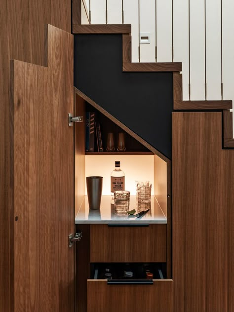 Nicholas Gurney on design thinking.  Hidden drinks bar under the stairs Bar Under The Stairs, Bar Under Stairs, Kitchen Under Stairs, تحت الدرج, Under Stair, Stairs In Kitchen, Bar For Home, Modern Home Bar, Staircase Storage