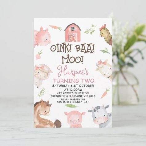 Farm Birthday Party Two, Moomoo Im Two Birthday, Pink Farm 2nd Birthday Party, Farm Birthday Invite, Aesthetic Farm Birthday, 2nd Birthday Party For Girl Farm Theme, Second Birthday Farm Theme Girl, 2nd Farm Birthday Party For Girl, Farm Theme Second Birthday Party