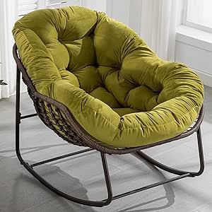 Villeston Outdoor Papasan Rocking Chair - Oversized Comfy Patio Chair Indoor Egg Royal Rattan Rocking Chair with Cushion for Front Porch Lounge Lawn Bedroom Living Room (Green Velvet) Deck Decoration Ideas, Therapist Office Ideas, Dark Green Rug, Reclining Rocking Chair, Tiny Home Build, Funky Office, Rocking Chair Pads, Cozy Hammock, Outdoor Wicker Rocking Chairs