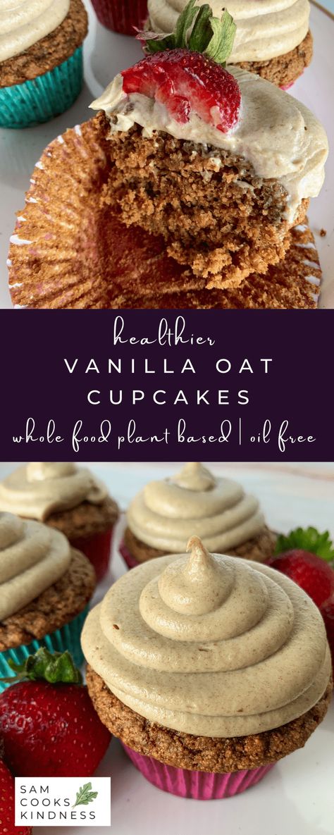 These Vegan Vanilla Oat Cupcakes are melt in your mouth delicious. Made with simple steps and common ingredients you may already have in your pantry. Oil free, low fat and vegan swap for the traditional cupcake but no one will know the difference! Vegan Protein Cupcakes, Healthy Oat Cupcakes, Oat Flour Cupcake Recipes, Oat Flour Cupcakes, Oat Cupcakes, Vegan Vanilla Cupcakes, Vegan Oil Free, Bd Cake, Vanilla Muffins