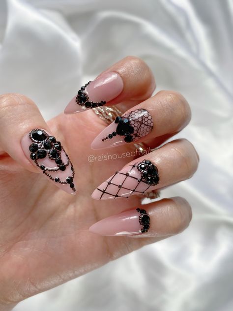 "All press on nails sets are handmade to order and custom tailored specifically to your size, shape, length and liking. Made with high quality gel tips and products to make the nails sturdy and reusable. You can choose one of my preset sizes or select custom if you don't fit any of these sizes then input your custom sizes in the personalization or checkout text box. Please remember that it is your responsibility to measure your nails correctly and order accordingly. Check the \"sizing guide\" in Black Lace Nails, Nails Witchy, Press On Nails Black, Nails Sets, Nails With Rhinestones, Lace Nail Art, Witchy Nails, Nails Gel Nails, Lace Nails