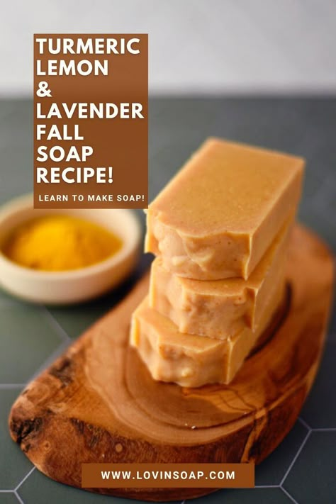 Learn how to make this Turmeric, Lemon & Lavender soap recipe on the blog! If you're a fan of vibrant colors, you'll love what turmeric brings to cold process soap. It's one of my favorite natural colorants and gives your bars a gorgeous orange hue - perfect for embracing the fall season. Now imagine the radiant glow of turmeric, the invigorating zing of lemon, and the calming embrace of lavender - all combined into one luxurious soap! Intrigued? Get ready to spice up your fall soapmaking! Lavender Soap Recipe, Fall Soap Recipes, Natural Soaps Recipes, Natural Colorants, Handmade Lavender Soap, Diy Soap Recipe, Fall Soaps, Cold Process Soap Recipes, Handmade Soap Recipes