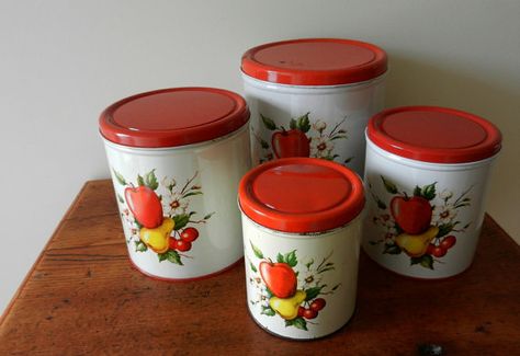 Set of Vintage Cannisters / Metal / by TheWellSeasonedNest on Etsy, $35.00 Tupperware Canisters, Vintage Canister Sets, Tin Kitchen, Kitchen Canister Set, Vintage Canisters, Kitschy Kitchen, Tin Canisters, Vintage Apple, Storage Canisters