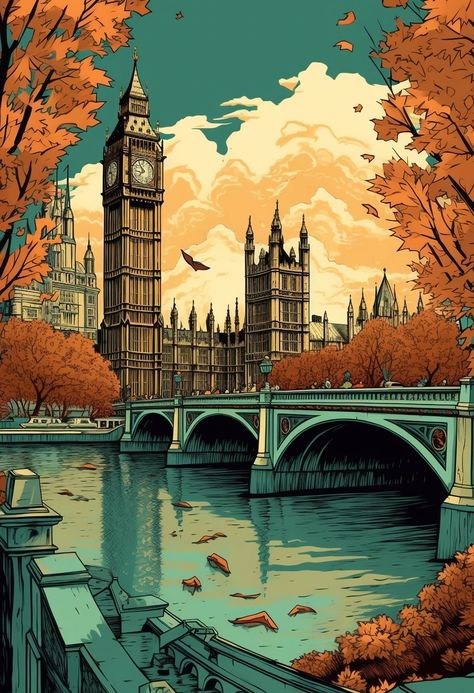 London Bridge Illustration, London Landmarks Illustration, Scotland Drawing, London Clock Tower, Tower Illustration, Graphic Design Education, London Drawing, Heart Doctor, London Illustration